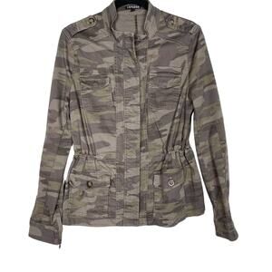 Express Womens Small S Camo Zip Front Jacket Green Cotton Cinch Waist Zip Cuff